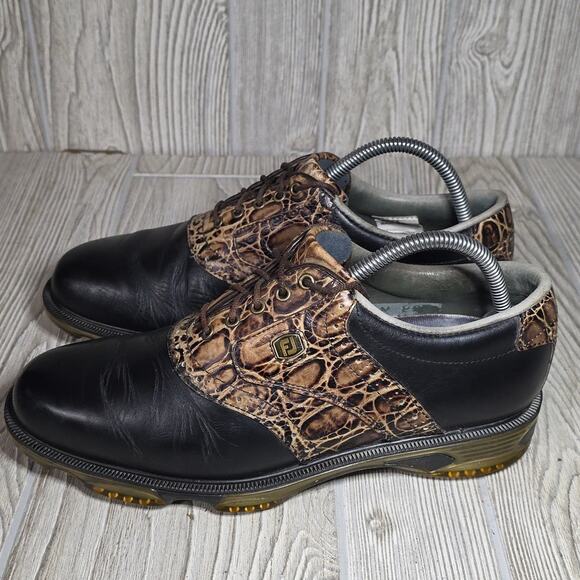 FootJoy DryJoys Tour Black Leather Crocodile Saddle Design Golf Shoes Mens 8 main image 9